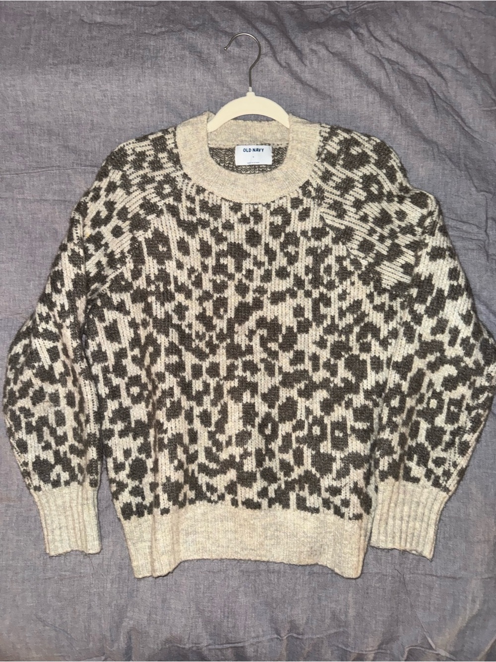 Old Navy Beige and Brown Leopard-Pattern Knit Sweater